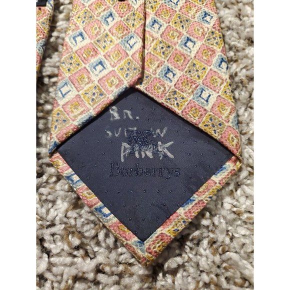 Burberrys Of London Men's Tie Brown Pink and Blue Geometric Silk Necktie - Picture 4 of 7